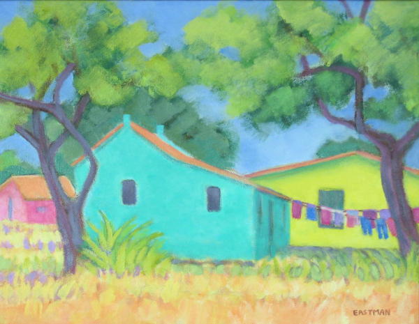 Bonaire, Turqoise House with Clothesline, 18x14.JPG